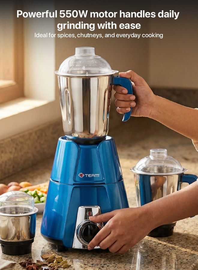 Team 550W Mixer Grinder with 3 Stainless Steel Jars | Heavy Duty Copper Motor | 3 Speed Control with Inching | Overload Protection | High Performance Kitchen Mixer Grinder for Dry & Wet Grinding, Chutney & Spices - Image 2